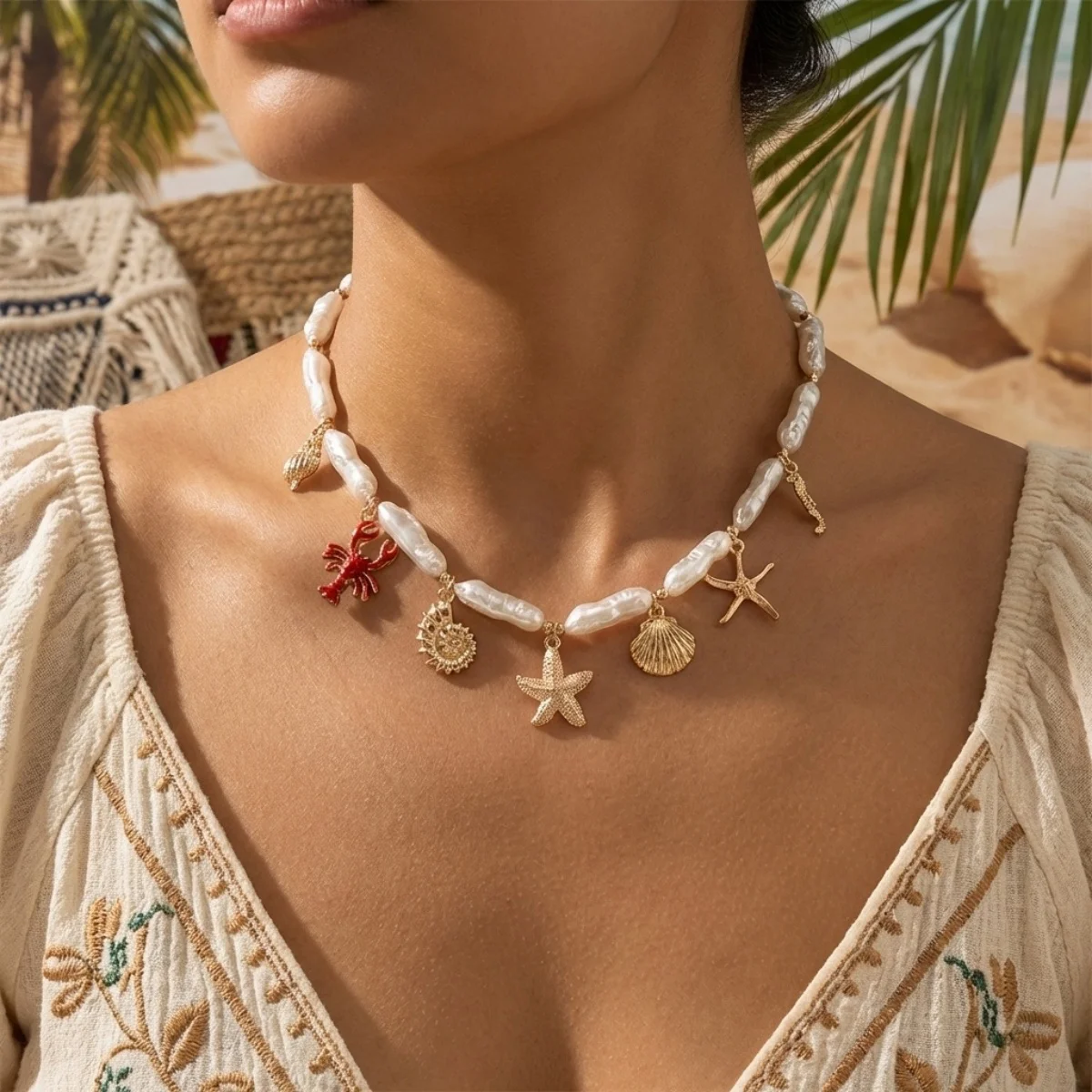 Boho Seestern Muschel Seepferdchen Hummer Anhänger Halskette für Damen und Herren, unregelmäßige Imitationsperle, Ozean-Strand-Choker-Schmuck – Detail 4