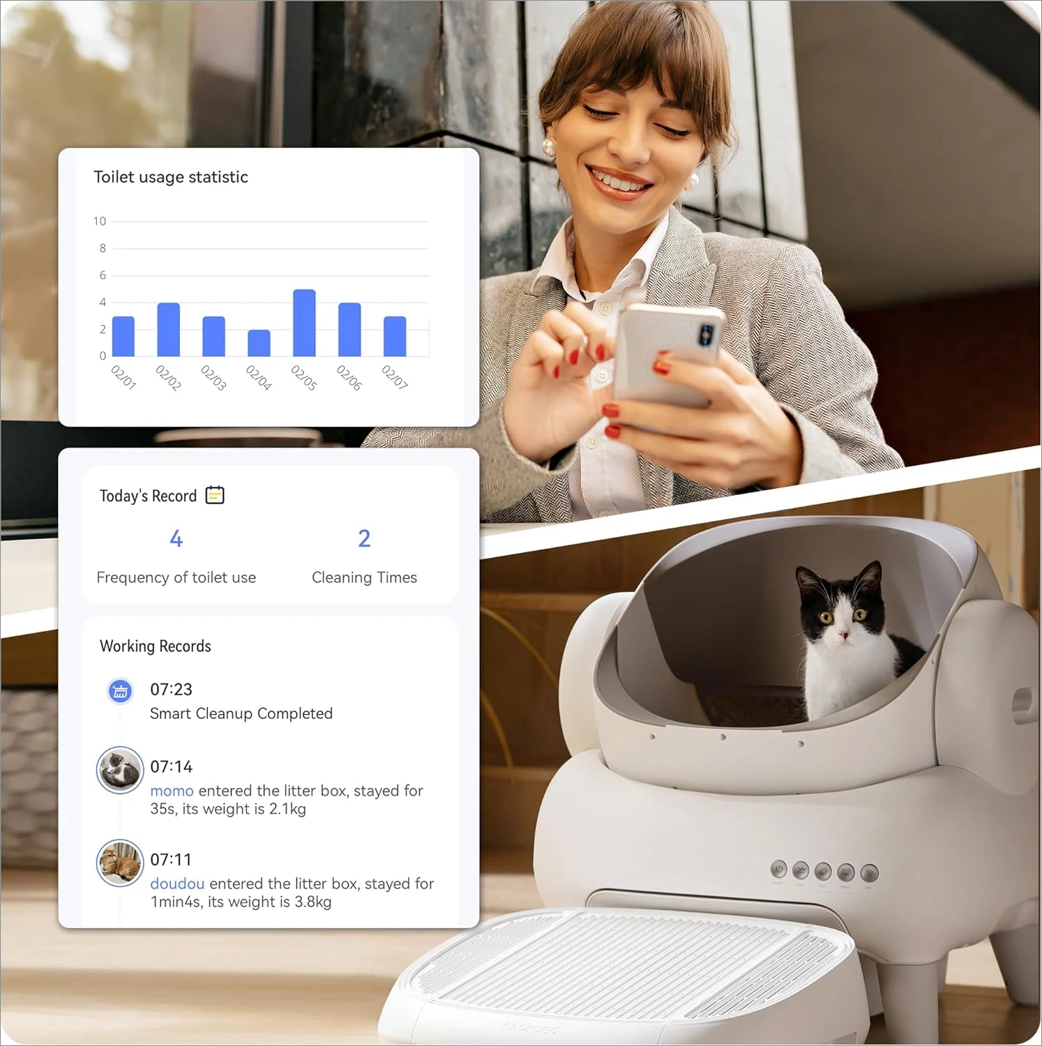 M1 Lite Open-Top Self Cleaning Cat Litter Box, Automatic Cat Litter Box with APP Control, Safety Protection, 1 Roll Waste Bag