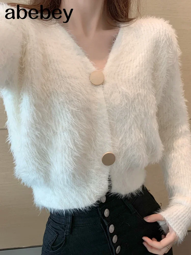 Soft Fur Knit Cardigan Thin Sweater Coat Long Sleeve V-Neck Button Outfit Women Korean Cute Solid Pink White Crop Top Mohair