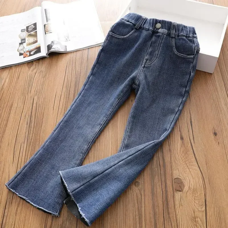 Girls' fleece filled jeans, autumn and winter children's clothing, children's elastic pants, thickened one piece velvet pants