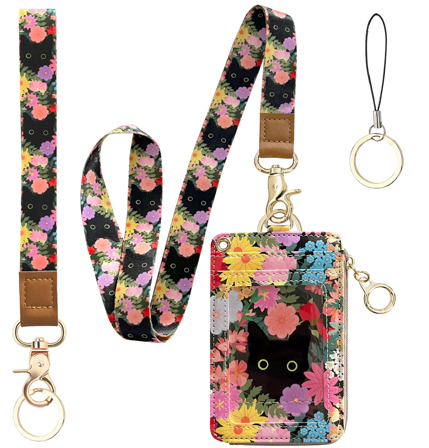 

Black Cat Flower Lanyard Wallet,Pu Leather Women Zid ID Case with Lanyards,Cute Neck & Wrist Lanyard Keychain for Women, Teacher