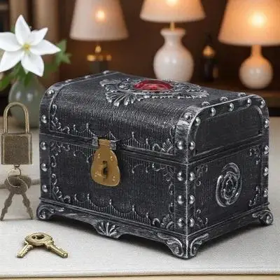 صندوق تخزين بلاستيكي عتيق لصدر الكنز الأحمر المدمج لعملات المجوهرات وحلوى تذكارات هدية علبة عرض حلية