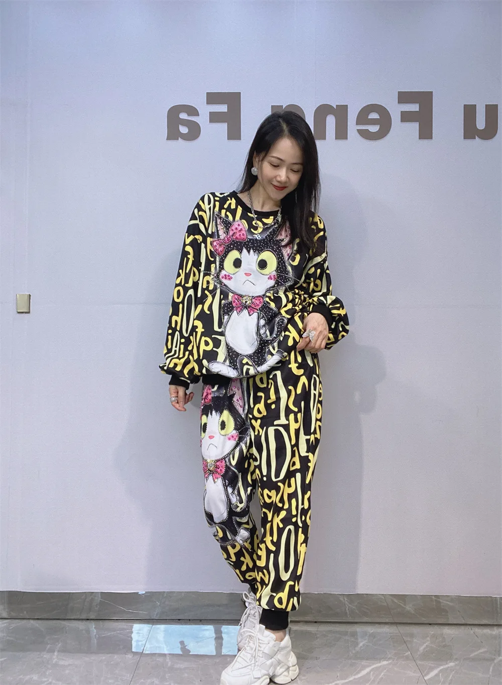 Engraçado gato impressão conjuntos de calças de grandes dimensões mulher 2 peças moda coreana pulôver o pescoço manga longa sweatershirts conjuntos de correspondência 2025
