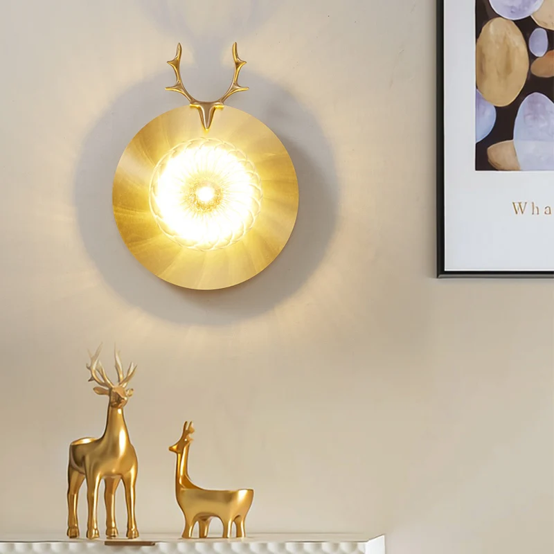 

All copper wall lamp bedroom bedside lamp living room background wall simple creative deer head personalized wall light