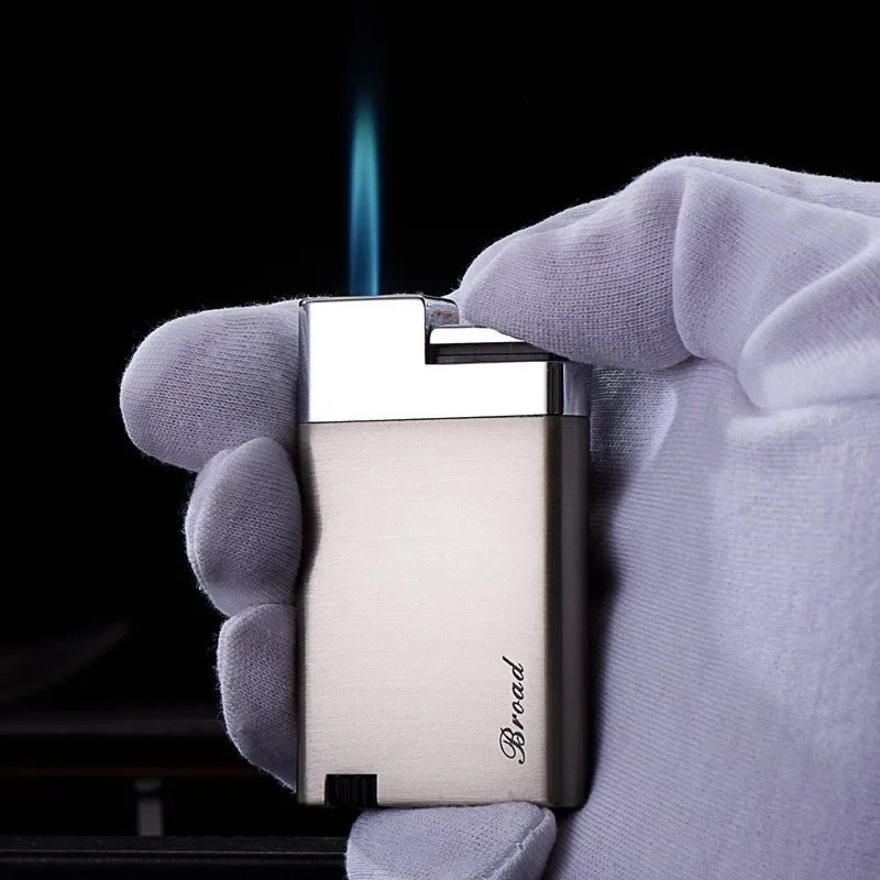 Wide Brushed Metal Lighter, Windproof Jet Flame, Refillable Butane, Stylish Gift for Men