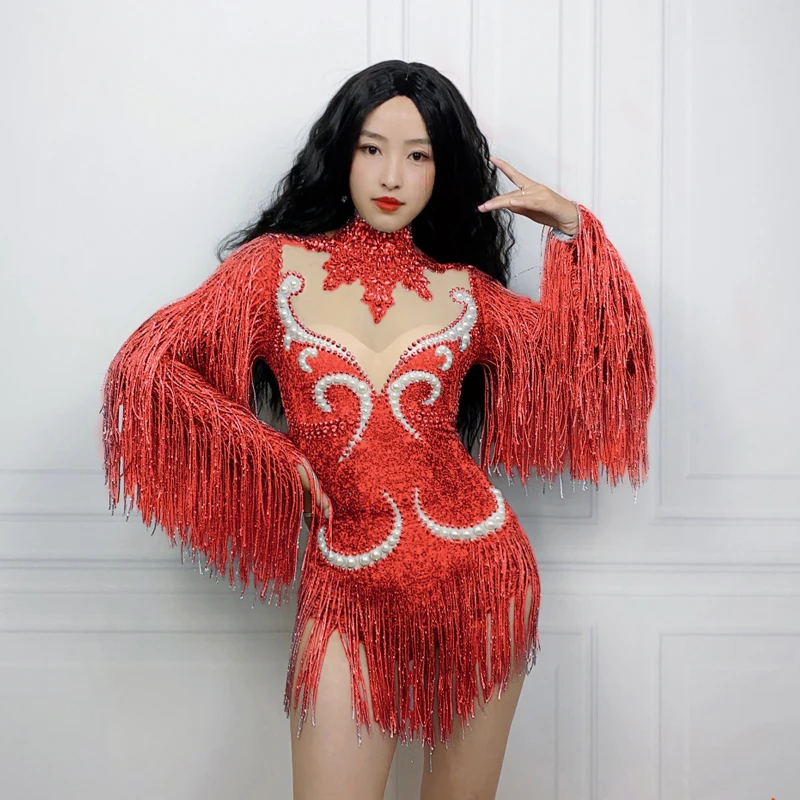 9 Colors Fringed Sleeves Rhinestones Bodysuit Women Party Stretch Clothing Drag Queen Costume Stage Dj Ds Festival Outfit XS6947