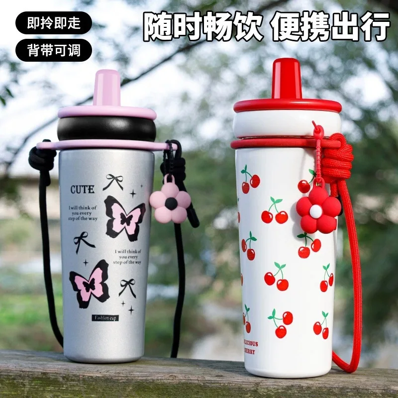 ins wind straw thermos cup starts school 316 stainless steel ceramic inner tank Bingba cup portable student children's water cup