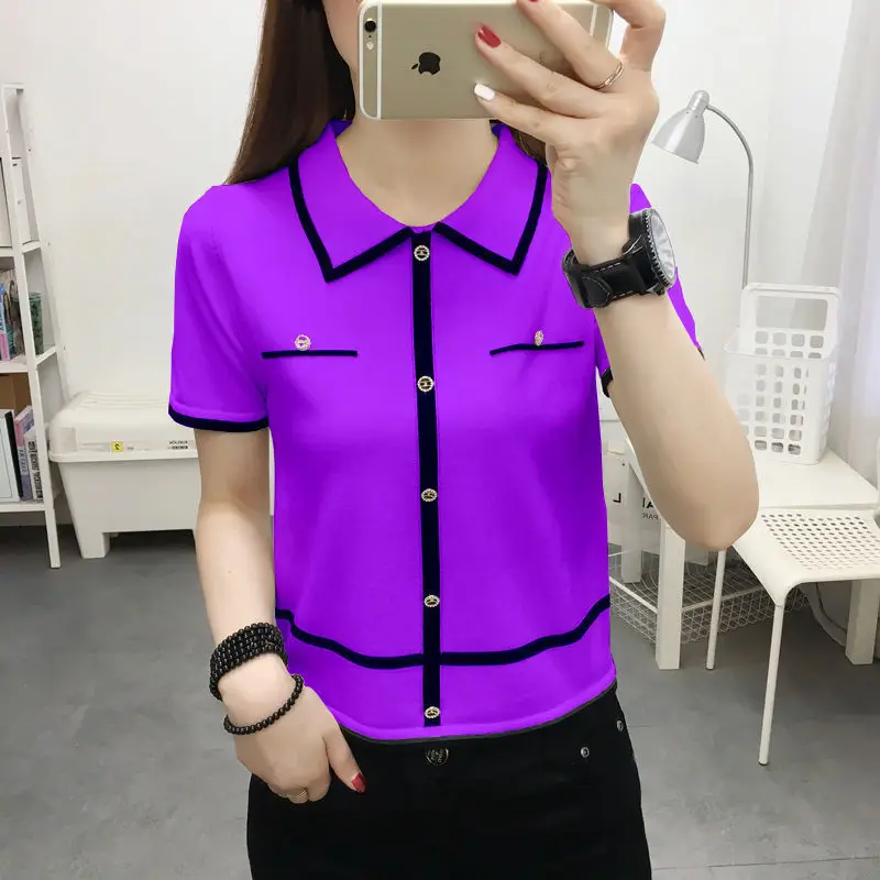 

Color matching short sleeve T-shirt women's summer new Korean version of loose Joker knitted bottoming shirt top thin