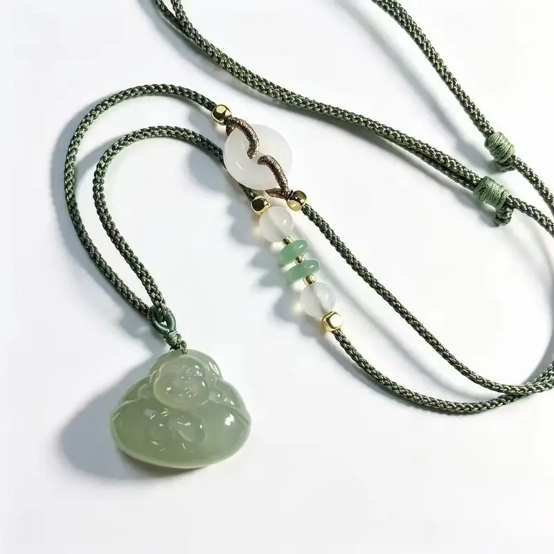 Natural Xinjiang Hotan Green-White Embracing Silk Maitreya Laughing Buddha Necklace Jade Pendant w