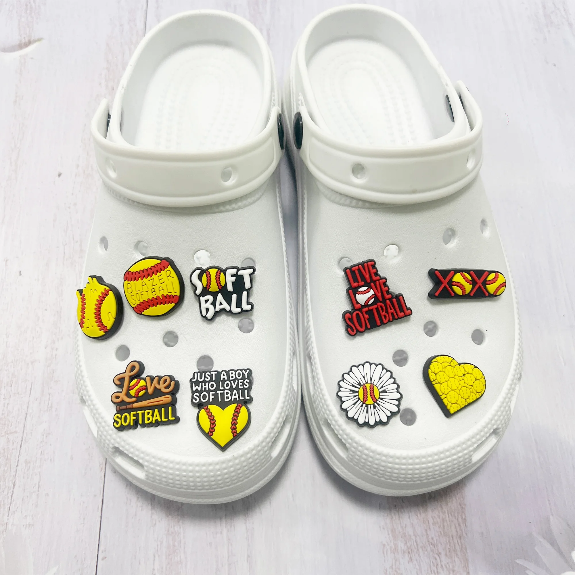 

1-9Pcs Live Love Softball PVC Boys Girls Garden Shoes Buckle Charms Cool Sports Clog Decorations Fit Wristband