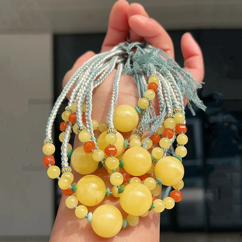 Amber Round Clavicle Chain Color Full Honey Single Bead with Green Turquoise Necklace