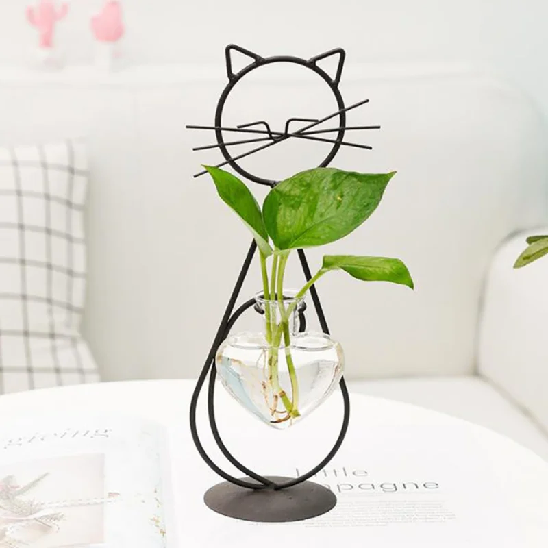 Insta-Style Cat Shape Hydroponic Vase Creative Tabletop Decoration In Living Room Simple Metal Support Hydroponic Containers