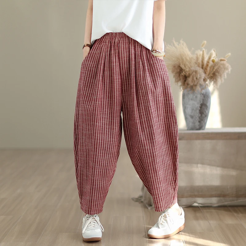 Women's Loose Casual Pants High Waist Harlan Trousers Stripe Pattern Slimming Effect Linen Material Comfortable Long Trousers