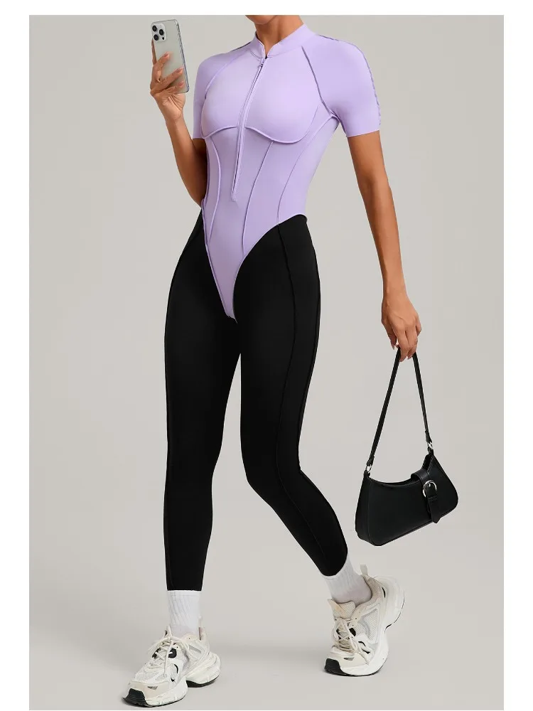 Gymdolphin Women's Red Black Color Block Short Sleeve Zipper Mock Neck Open Back Bodysuit Sports Bodycon Jumpsuit Activewear
