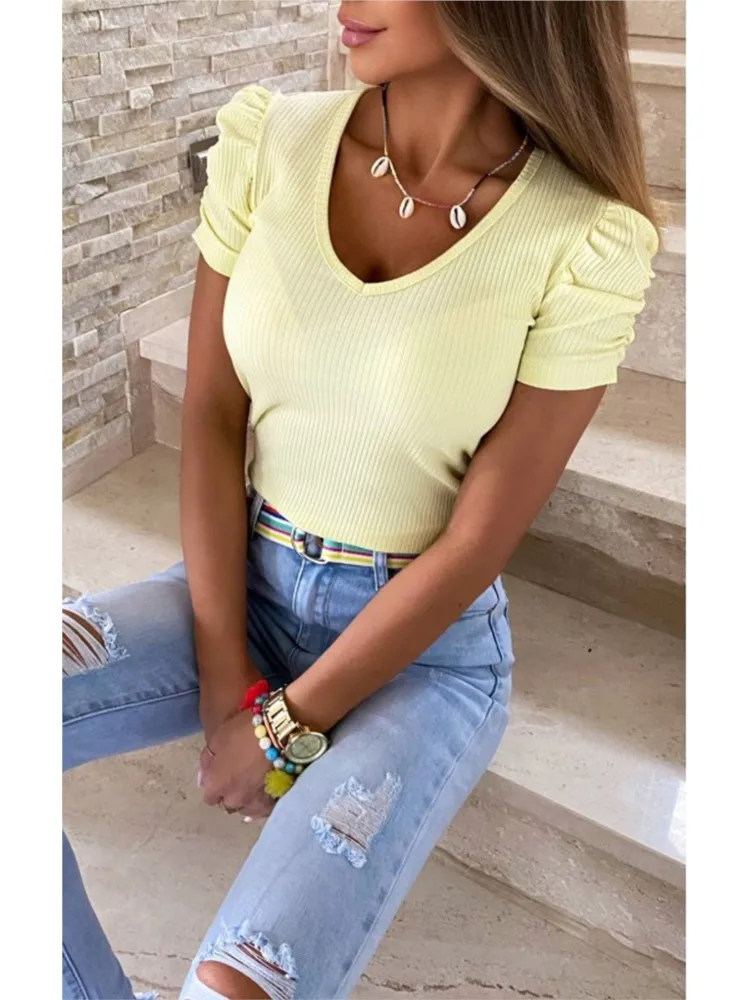 2023 Spring Summer Women's T-shirt V-neck Thread Casual Fashion Solid Color Pullover Bubble Sleeve Short Sleeve Women's T-shirt