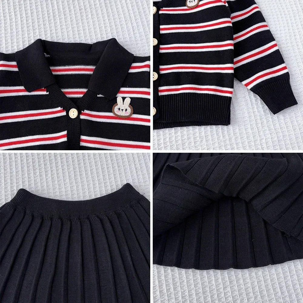 Bear Leader Kids Clothes Striped College Style Winter Long Sleeved Embroidered Rabbit Top+pleated Skirt 2-piece Sets