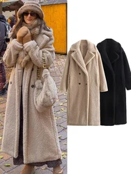 TRAFZA Women Autumn Winter Vintage Wool Blend Long Coat Lapel Chic Long Sleeve Double Breasted Big Jacket Female Street Overcoat