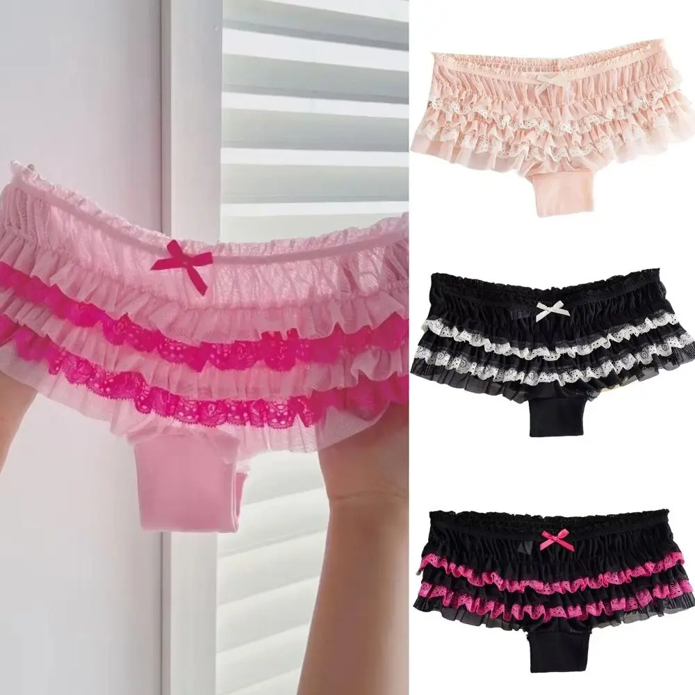 Cotton Crotch Women's Lace Panties Lace Trim Layered Ruffles Ruffled Lace Panties Breathable Mesh Sweet Bow Women's Underwear