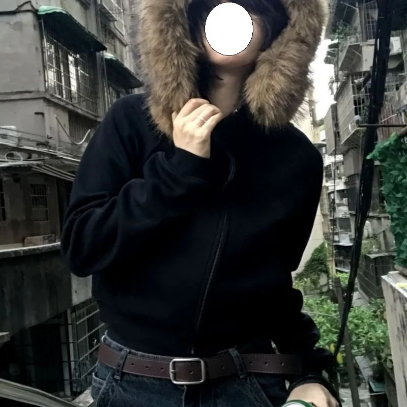 سترة نسائية بغطاء للرأس بأسلوب البانك لفصلي الخريف والشتاء، تصميم Y2K مع ياقة فرو، كارديجان علوي بأسلوب الشارع الأمريكي الداكن #4