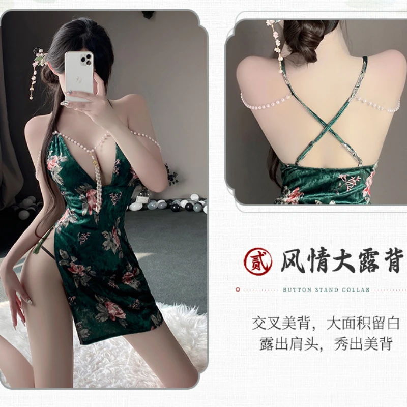 4XL Plus Size Sexy Chinese Style Cheongsam Deep V High Split Lingerie Qipao Cosplay Maid Republic of China Pearl Printing Dress