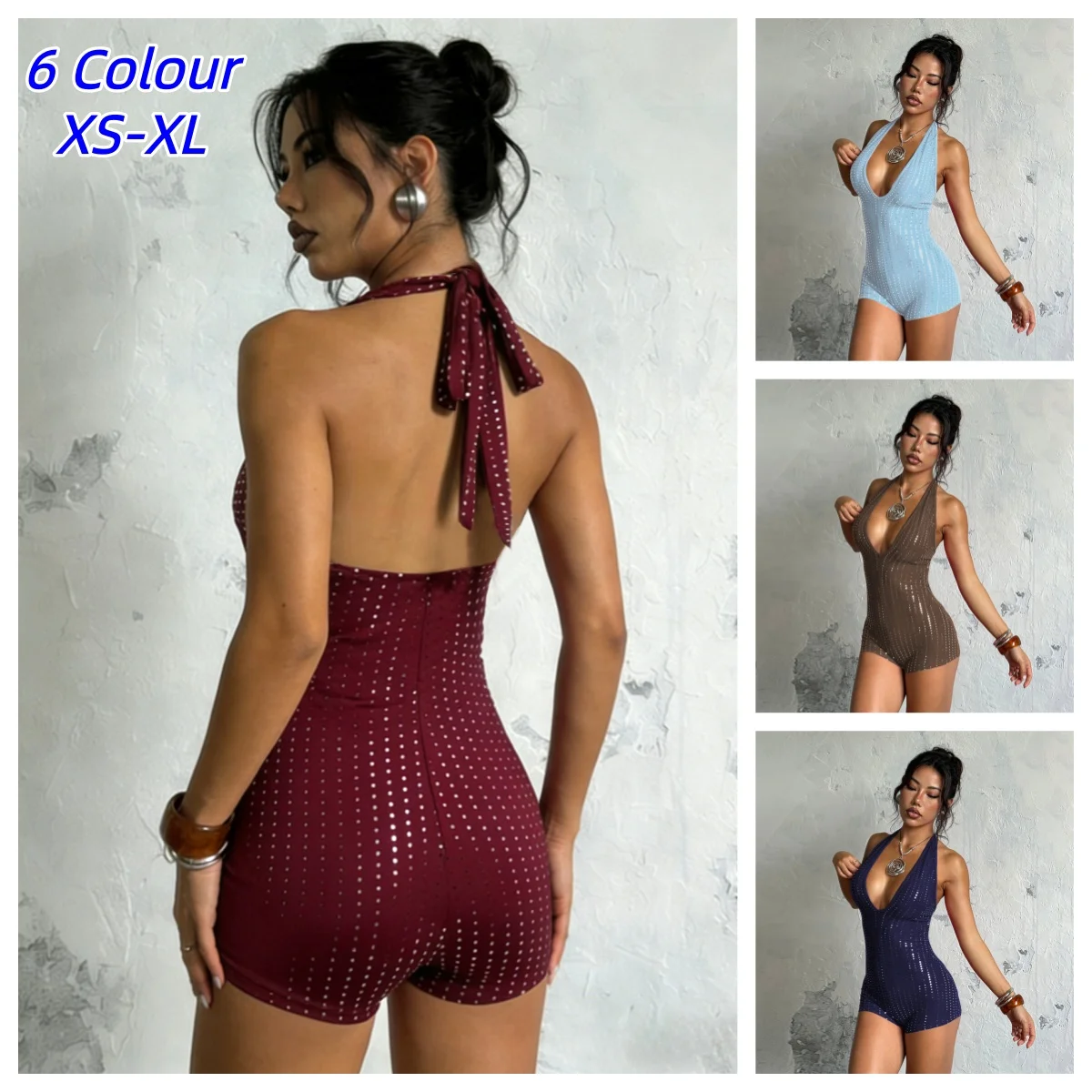 Y2K Sexy Club Halter Backless Rompers Short Jumpsuit Bandage Deep V-neck Backless Lace-up Rhinestones Playsuit Female Bodysuit