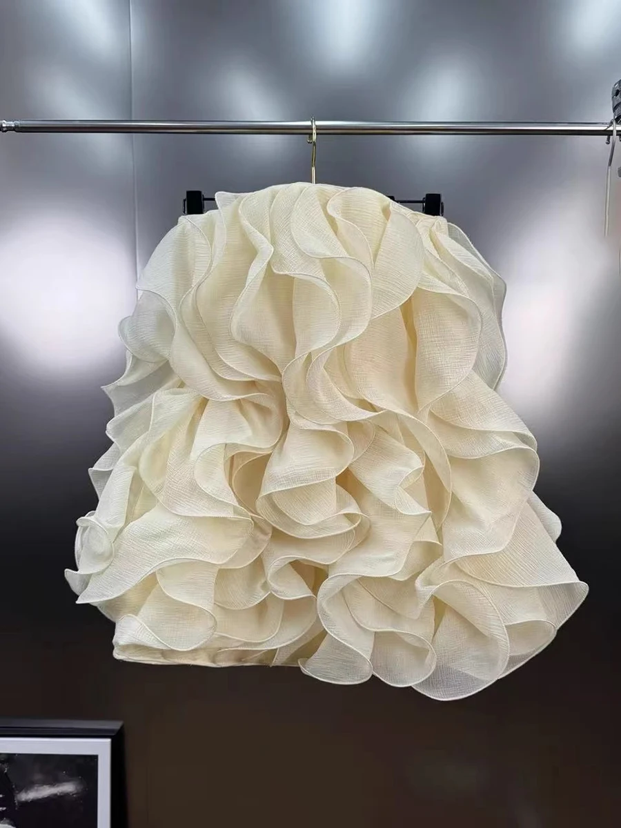 VGH Sexy Evening Spliced Ruffles Ball Gown for Women Strapless Sleeveless High Waist Patchwork Zipper Short Dress Female Style