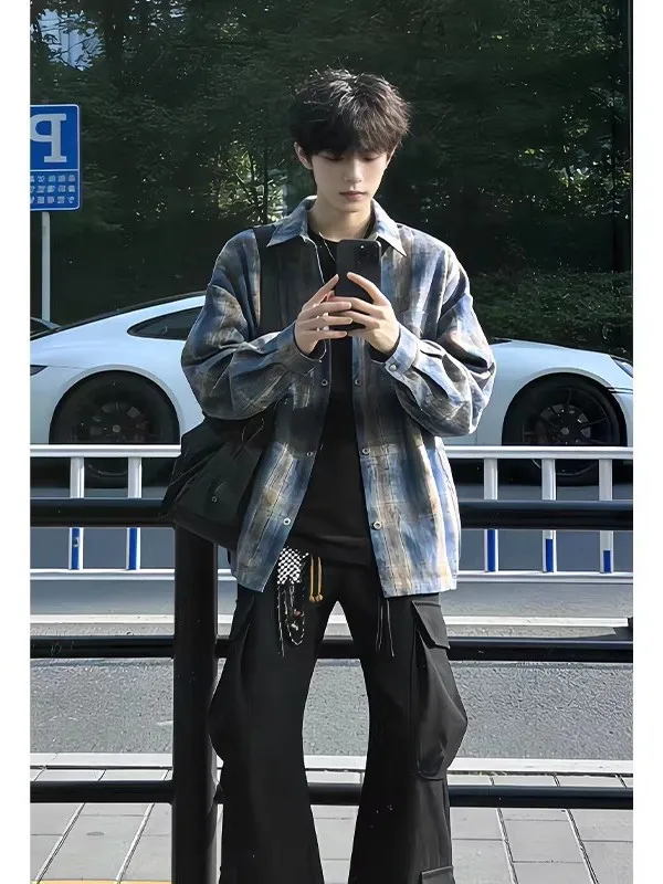 Retro American Plaid Shirt Men's Spring Trend Gradient Dyed Long Sleeve Casual Style Loose Fit Classic Collar Button down