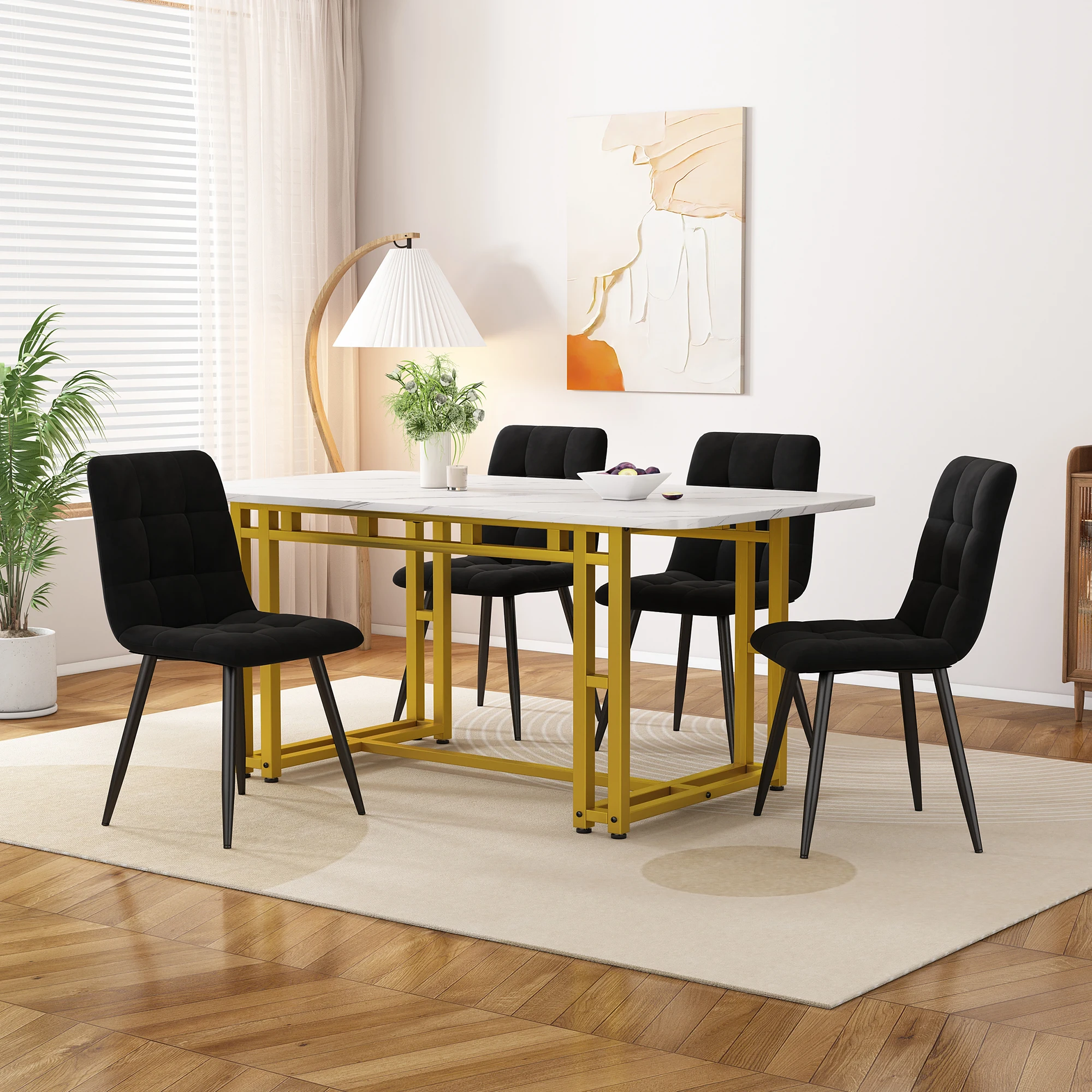 VSOGA 120x70cm Gold Dining Table with 4 Chairs Set Modern kitchen Dining Table Set Black Velvet Dining Chairs Gold Iron Leg table