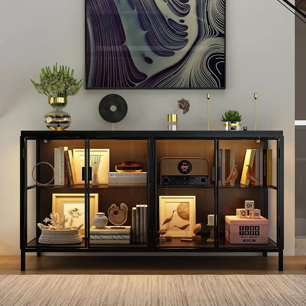 3-Color LED Illuminated Glass Shelf Storage Cabinet with 4 Compartments and Metal Legs for Living & Dining Rooms