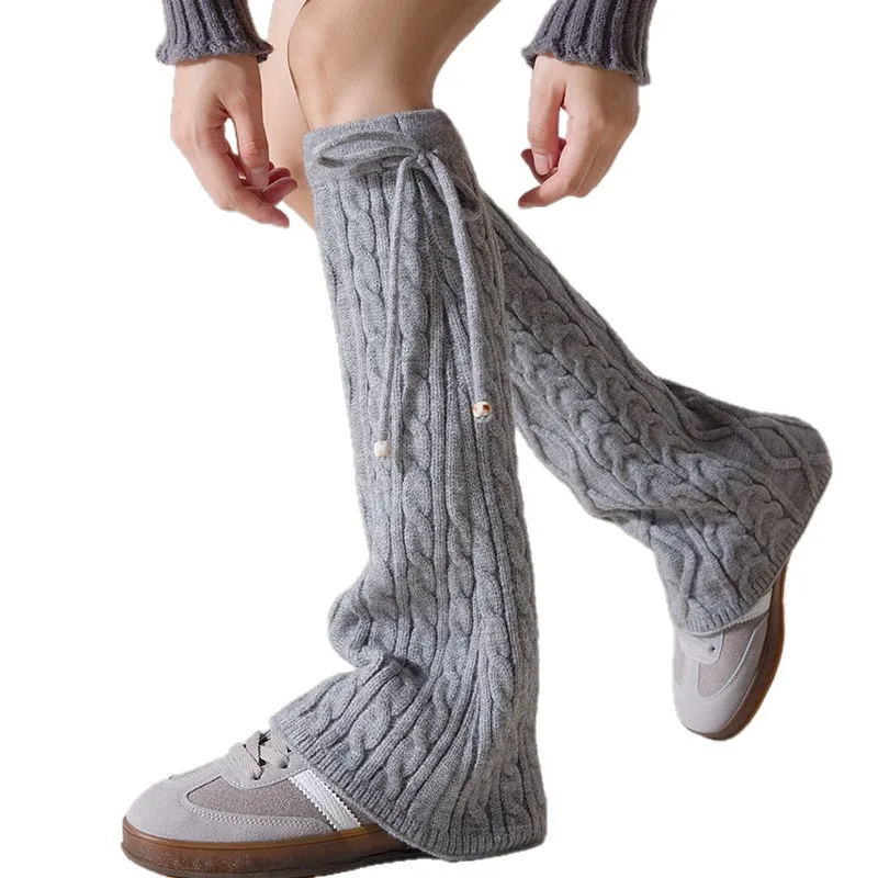Alças com cordão, capas de meias de perna larga de lã espessada, capas de pé de malha quente e capas de bota femininas