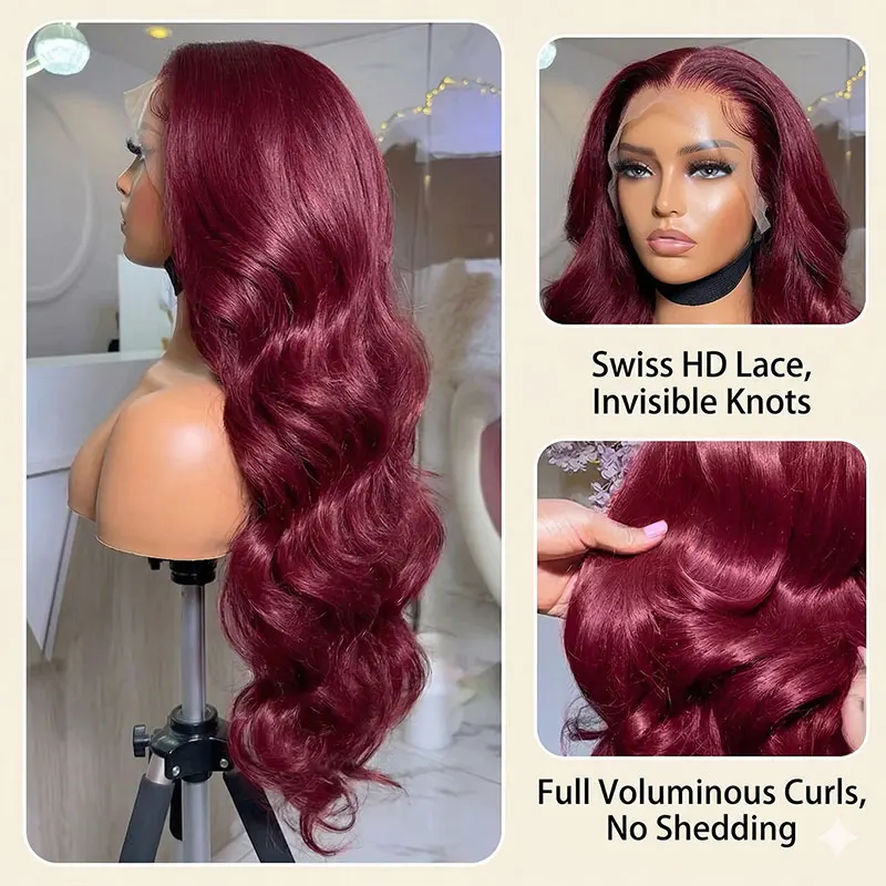 30–34 Inch 99J Burgundy Body Wave Human Hair Wigs Brazilian 13x6 HD Transparent Lace Frontal Wig Wet and Wavy Lace Front 100% Human Hair Wig image 5