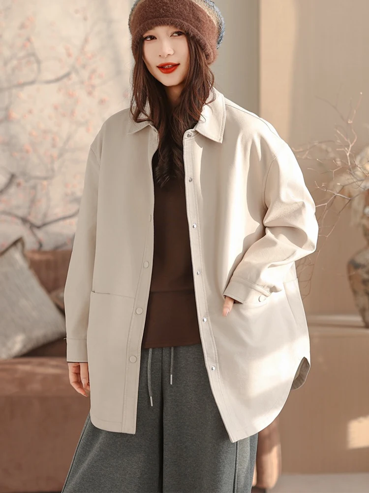 Amax LuluE 2026 春 レディース 韓国ファッション フェイクレザーコート ルーズ ヴィンテージ PUジャケット レディース カジュアル クラシック バイカージャケット アウターウェア