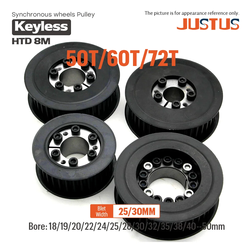 50/60/72T HTD8M Timing Pulley With Keyless Bushing Bore 18/19/20/22/24/25-50mm Steel Synchronous Wheel For Width 25/30mm Belt