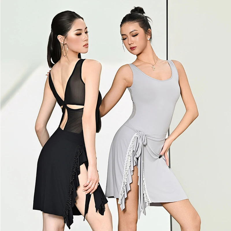 

Adult Latin Dance Clothes Women Sleeveless Bodysuit Slit Skirt Black Gray Practice Suit Rumba Chacha Dance Wear BL19530BL19530