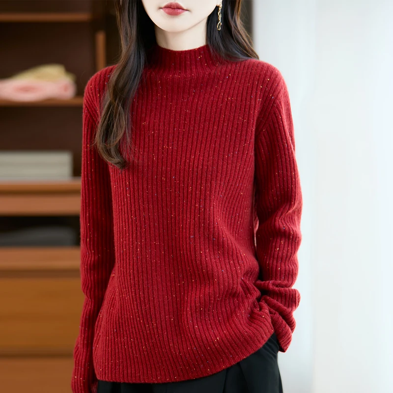 

Fashion Mock Neck Sweater Women 2025 Autumn Winter 100% Dot Yarn Wool Pullover Casual Knitted First Line Ready to Wear Clothing