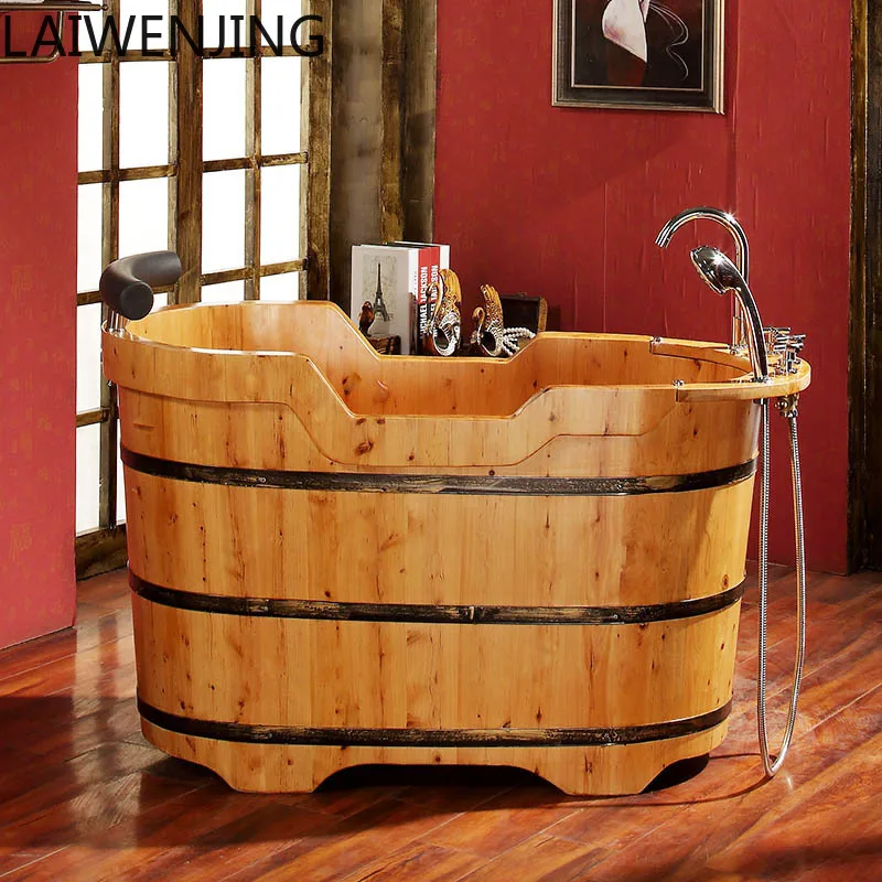 HLZ Large Wooden Bath Barrel Bath Bucket Adult Wooden Bathtub Bath Basin with Faucet for Home Use