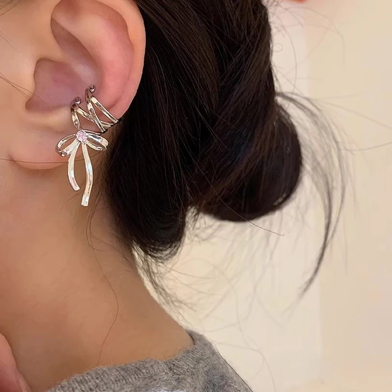 1Pc/Pair Vintage Punk Bow Ribbon Ear Clip Earrings For Women Girls Fashion Tassel Non-Piercing Ear Cuff Jewelry Party Gifts