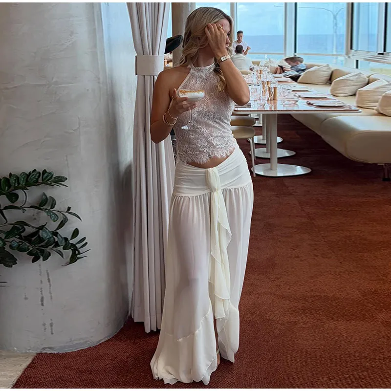 Button Halter Sexy Women's Suits Sleeveless Backless Skinny Solid Floor-length High Street 2026 Summer Fashion Casual Sets
