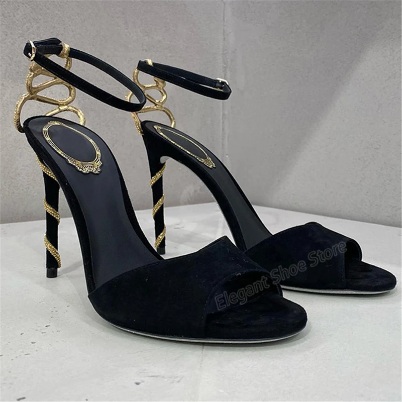 Gold Snake Wrap Heel Sandals Sexy Rhinestone Black Suede High Heels Summer Peep Toe Stiletto Party Wedding Banquet Women Shoes