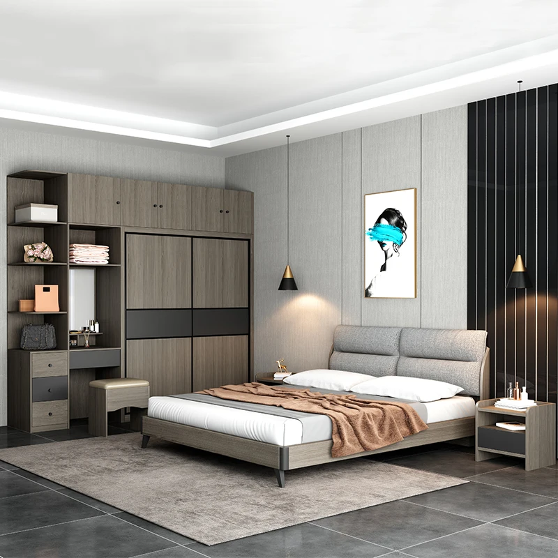 2024 Villa MDF  Modern Set Furniture Grey Tatami  Hotel Bedroom Suites Bed With Storage Nightstand Wardrobe Desk