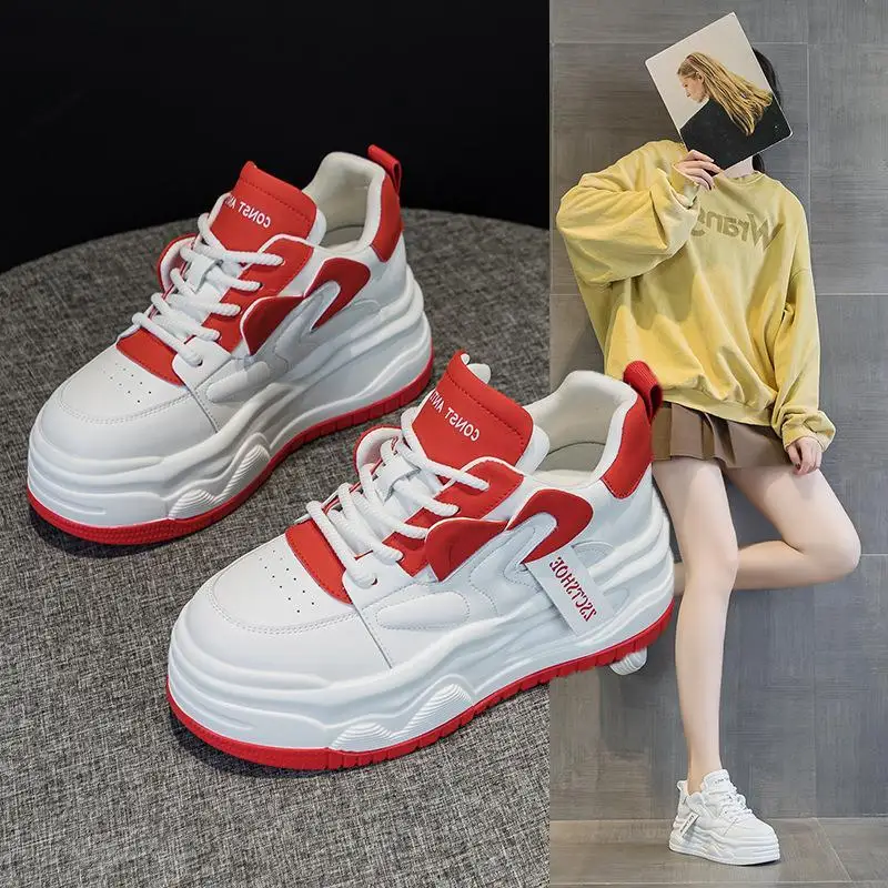 

Casual Thick Bottom Platform Sneakers Women's Leather Shoes College Style Flat Lace up round Toe Daily Wear PU Outsole