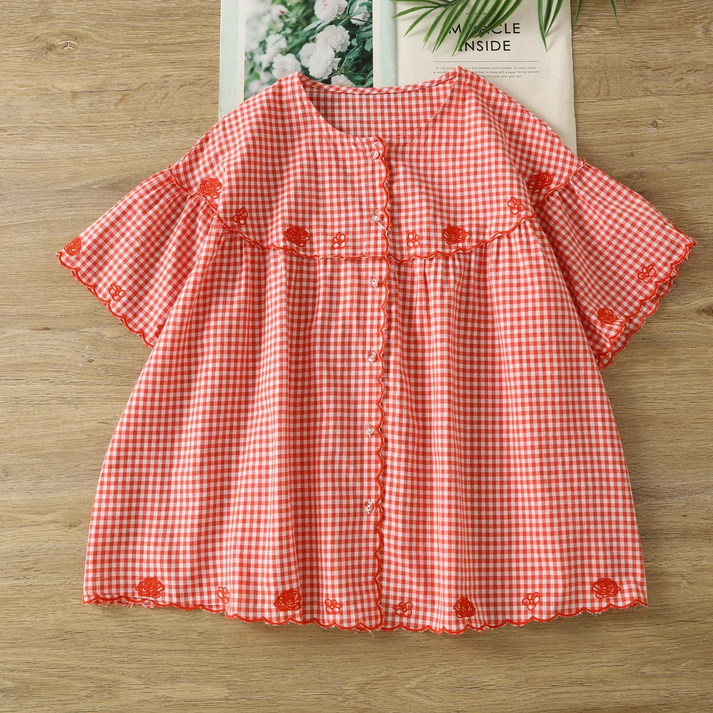 

2025 Mori girl sweet cotton red navy blue check shirts and blouses women loose flare sleeve tops women's plaid shirt