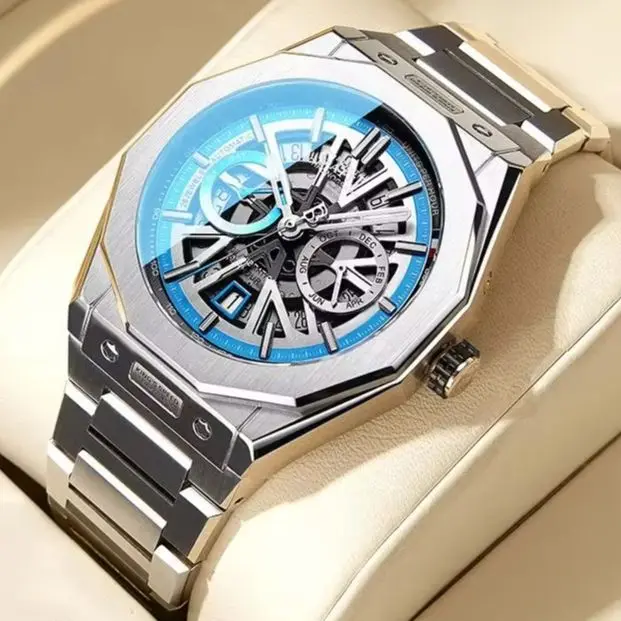 BONEST GATTI Men Automatic Watch 42mm Mechanical Wristwatch Waterproof Sapphire Mirror Luminous Skeleton Dial Month Week Date