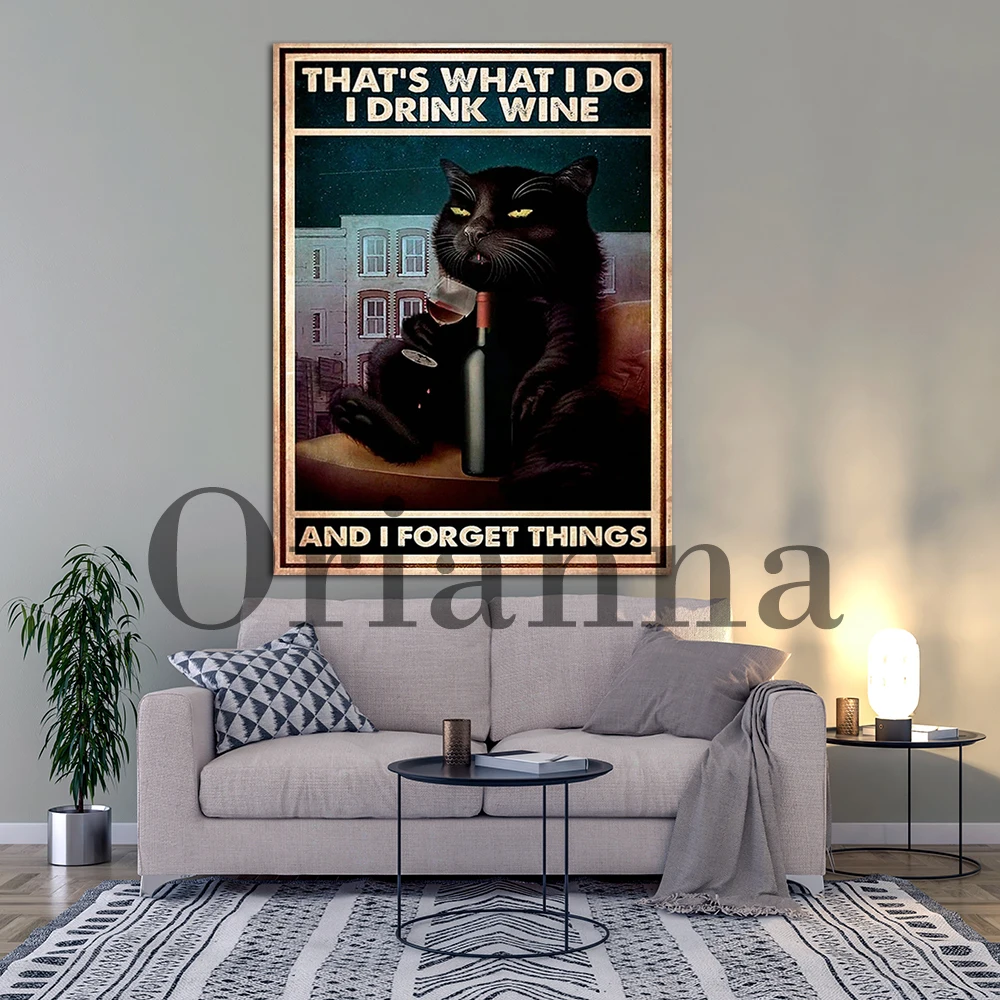 Wall Art That'S What I Do I Drink Wine And I Forget Things Black Cat Canvas Poster Vitnage Cute Black Cat Decor Home For Bedroom