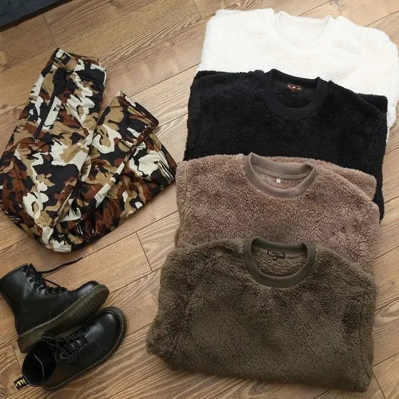 Men's Round Neck Pullover Sweatshirt Plain Soft Plush Thermal Tops Double-sided Coral Velvet Home Wear Outside Sweatshirts