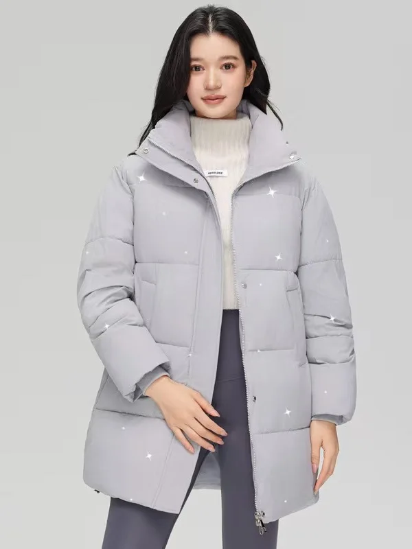 Winter Thiened Women's down Cotton Jaet Long Sve Zipper Closure Mid-Length Loose Fit Faionable Diamond Embellied Coat