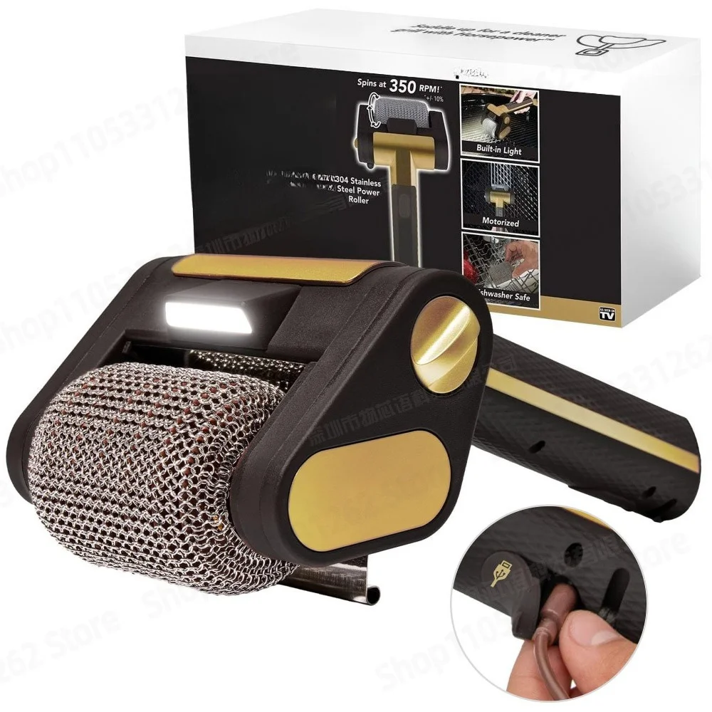 USB Rechargeable 304 Stainless Steel Roller BBQ Grill Cleaning Brush with LED Light High Power for Outdoor