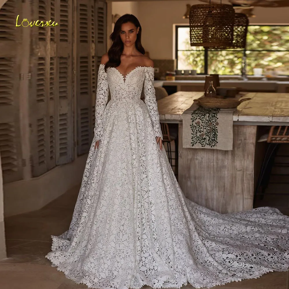 

Loverxu A-Line Charming Wedding Dresses Off The Shoulder Vestido De Novia Lace Embroidery Delicate Custom Made Bridal Gowns