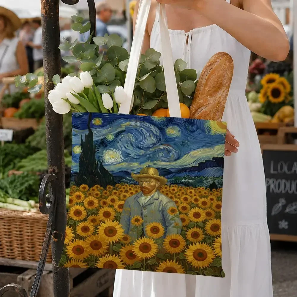 Artist Van Gogh Starry Night Sunflowers Storage Bags Fashion Cotton Canvas Tote Bag Eco Friendly Reusable Large Capacity Bag