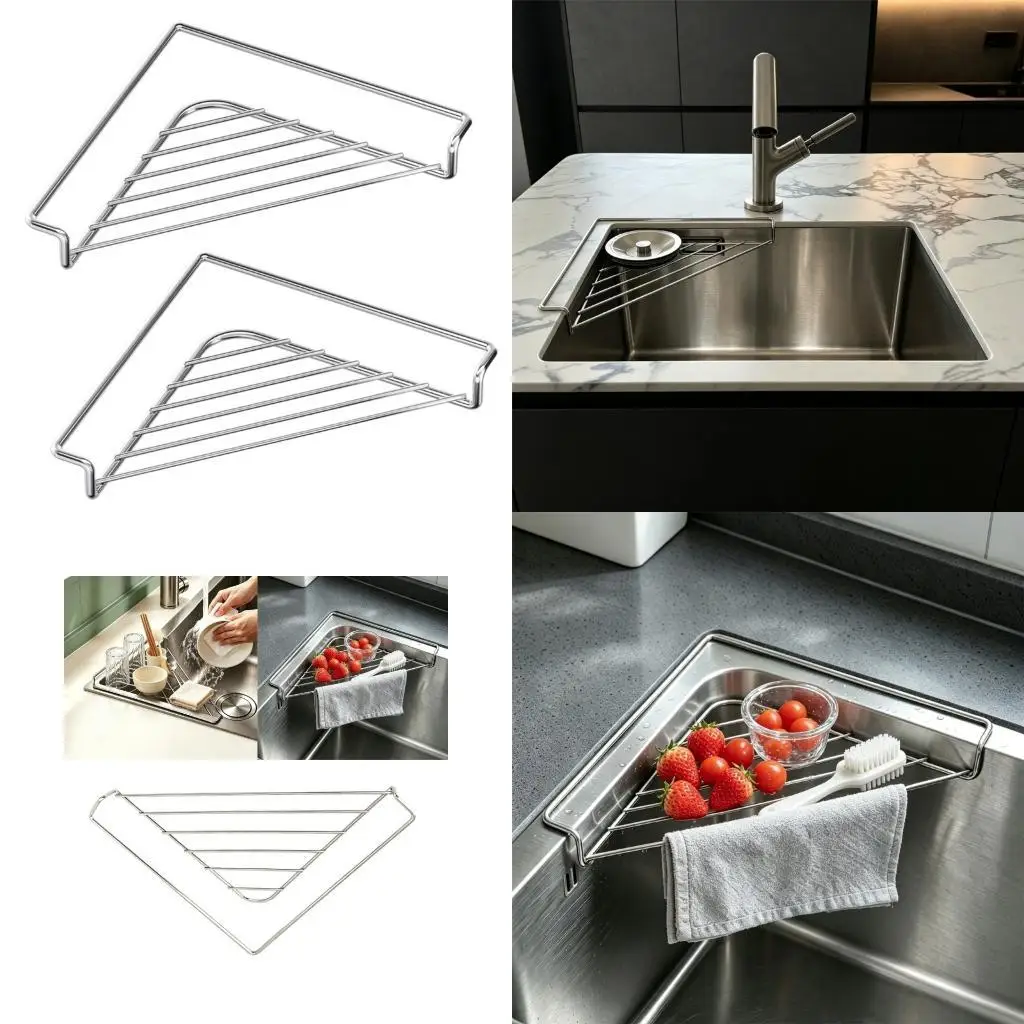 Stainless Steel Sink Corner Shelf for Dish Cloth and Brush Storage Drying Rack X3UC